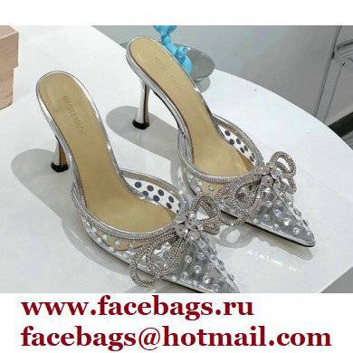 Mach & Mach Heel 8.5cm Crystal Double Bow Pointed Toe Mules PVC Silver 2022 - Click Image to Close